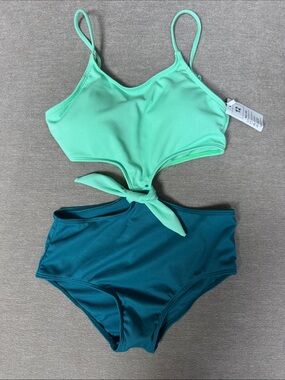 Mint and Teal Two-Piece Ribbed Tie-Front Swimsuit